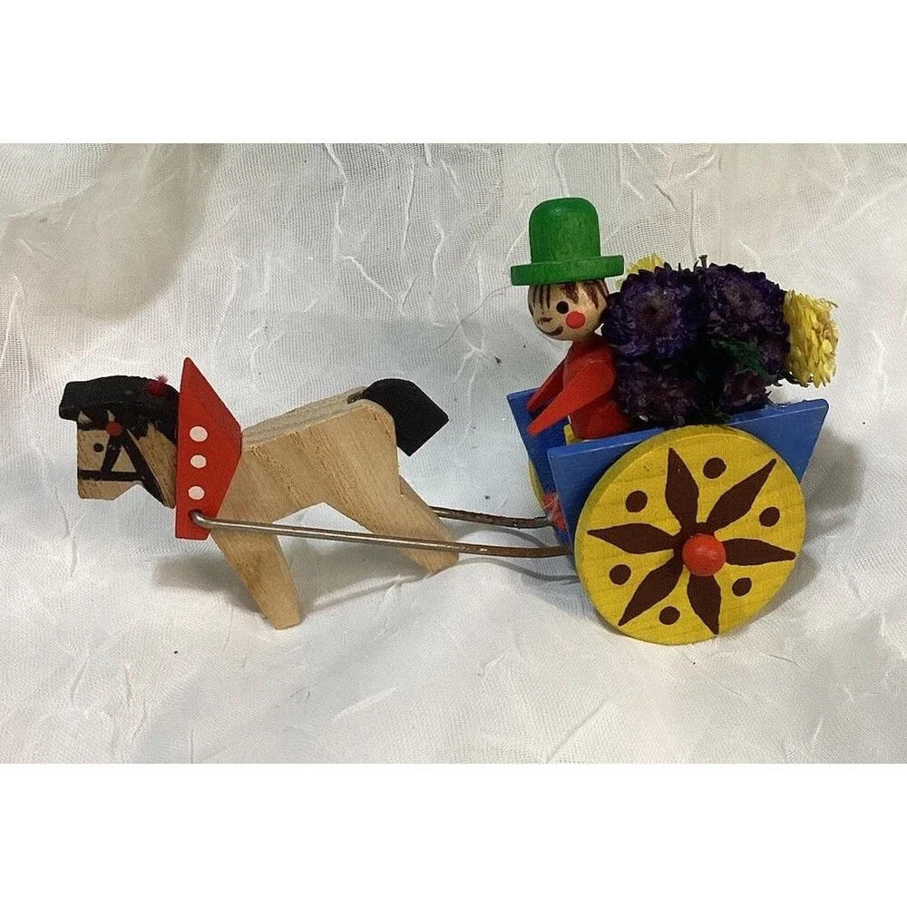 Steinbach Germany Christmas Miniature Wooden Toy Horse Driver & Flower Cart